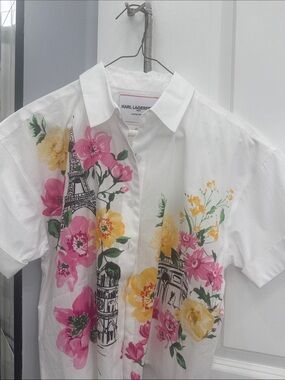 Karl Lagerfeld White Short-Sleeve Button-Down with Pink and Yellow Floral Print